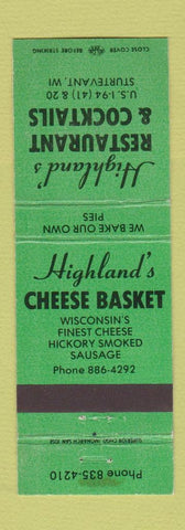 Matchbook Cover - Highland's Restaurant Sturtevant WI GREEN