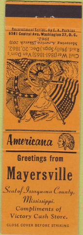 Matchbook Cover - Perkins Americana Civil War Mayersville MS Orange