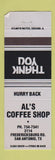 Matchbook Cover - Al's Coffee Shop San Antonio TX LIGHT BLUE WEAR