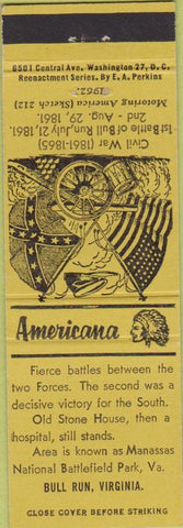 Matchbook Cover - Perkins Americana Civil War Bull Run VA Yellow