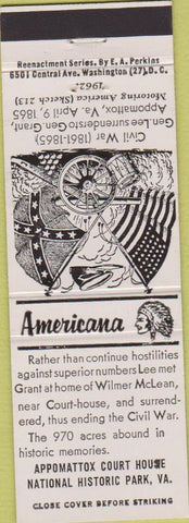 Matchbook Cover - Perkins Americana Civil War Appomattox Court House VA White