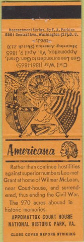 Matchbook Cover - Perkins Americana Civil War Appomattox Court House VA Orange