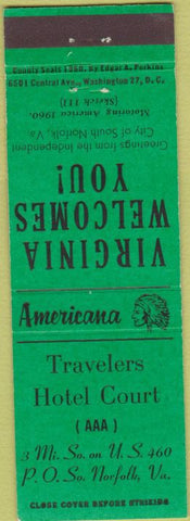 Matchbook Cover - Perkins Americana Travelers Hotel Norfolk VA Green