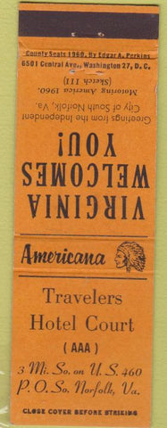 Matchbook Cover - Perkins Americana Travelers Hotel Norfolk VA Orange
