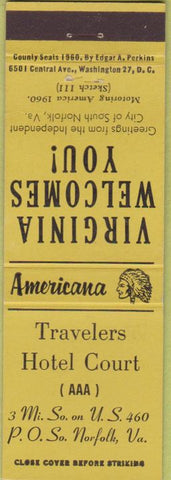Matchbook Cover - Perkins Americana Travelers Hotel Norfolk VA Yellow
