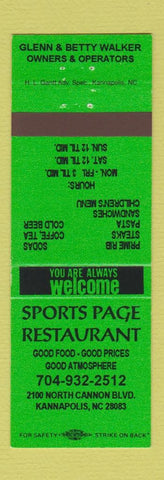 Matchbook Cover - Sports Page Restaurant Kannapolis NC GREEN