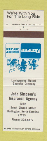 Matchbook Cover - Kemper Insurance John Simpson Burlington NC