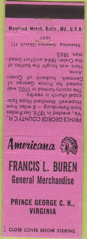 Matchbook Cover - Perkins Americana Buren General Store Price George VA Pink