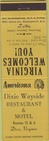 Matchbook Cover - Perkins Americana Dixie Wayside Motel VA Yellow