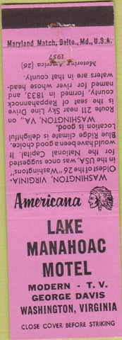 Matchbook Cover - Perkins Americana Lake Manahoac Motel Washington VA Pink