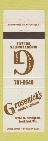 Matchbook Cover - Grosenick's Restaurant Brookfield WI