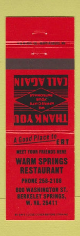 Matchbook Cover - Warm Springs Restaurant Berkeley Springs WV RED
