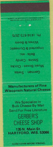 Matchbook Cover - Gerber's Cheese Shop Hartford WI green