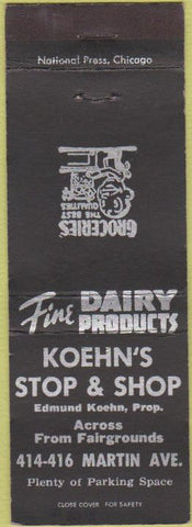 Matchbook Cover - Koehn's Stop  and  Shop NO TOWN