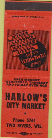 Matchbook Cover - Harlow's City Market Two Rivers WI