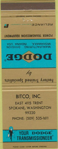 Matchbook Cover - Dodge Transmissions Spokane WA