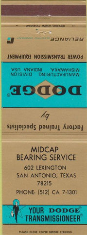 Matchbook Cover - Dodge Transmissions San Antonio TX