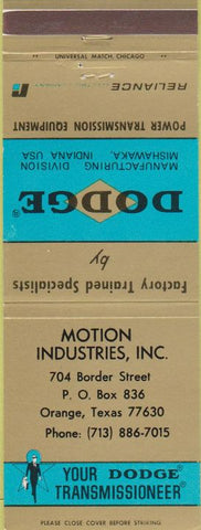 Matchbook Cover - Dodge Transmissions Orange TX