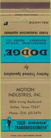 Matchbook Cover - Dodge Transmissions Dallas TX