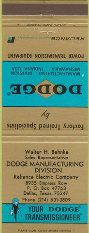 Matchbook Cover - Dodge Transmissions Dallas TX