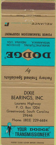 Matchbook Cover - Dodge Transmissions Greenwood SC