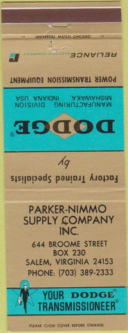 Matchbook Cover - Dodge Transmissions Salem VA