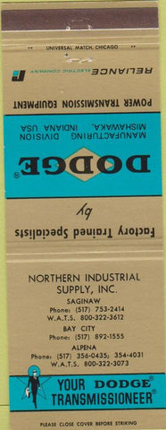 Matchbook Cover - Dodge Transmissions Saginaw Alpena Bay City MI
