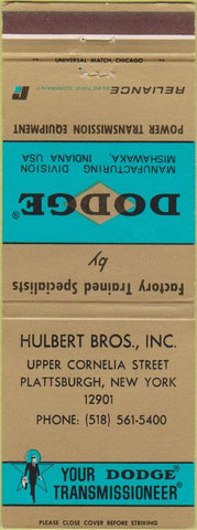 Matchbook Cover - Dodge Transmissions Plattsburgh NY