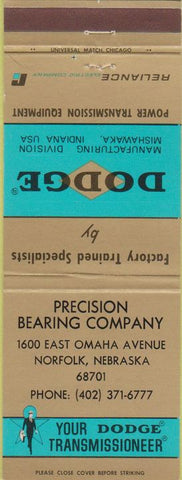 Matchbook Cover - Dodge Transmissions Norfolk NE
