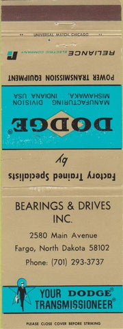 Matchbook Cover - Dodge Transmissions Fargo ND