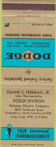 Matchbook Cover - Dodge Transmissions Greensboro NC