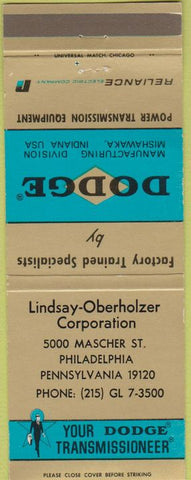 Matchbook Cover - Dodge Transmissions Philadelphia PA