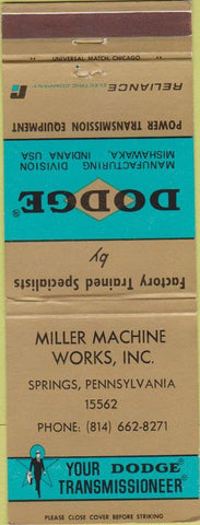 Matchbook Cover - Dodge Transmissions Springs PA