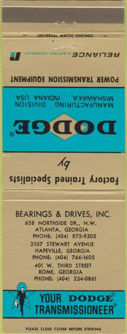 Matchbook Cover - Dodge Transmissions Atlanta Hapeville Rome GA