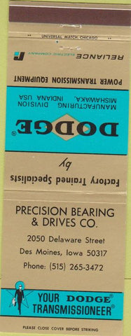 Matchbook Cover - Dodge Transmissions Des Moines IA