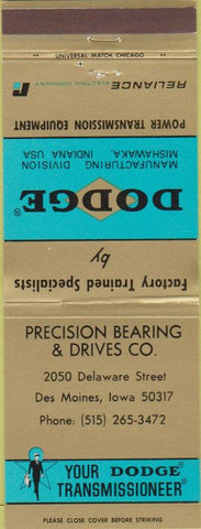Matchbook Cover - Dodge Transmissions Des Moines IA