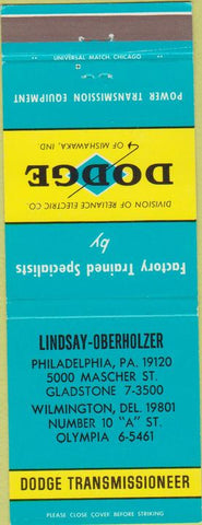 Matchbook Cover - Dodge Transmissions Wilmington DE Philadelphia PA
