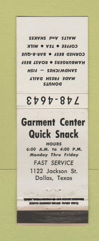 Matchbook Cover - Garment Center Quick Snack Dallas TX WEAR