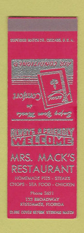 Matchbook Cover - Mrs Mack's Restaurant Kissimmee FL WEAR SAMPLE