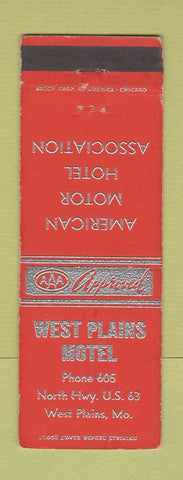 Matchbook Cover - West Plains Motel MO low phone # WEAR
