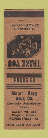 Matchbook Cover - Major Dray Drug Hopkinsville KY low phone #