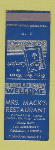 Matchbook Cover - Mrs Mack's Restaurant Kissimmee FL low phone #
