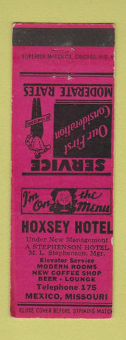 Matchbook Cover - Hoxsey Hotel Mexico MO low phone #