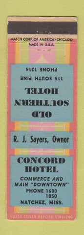 Matchbook Cover - Concord Hotel Natchez MS low phone # Old Southern Hotel