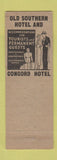 Matchbook Cover - Concord Hotel Natchez MS low phone # Old Southern Hotel