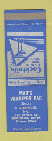 Matchbook Cover - Mac's Winnipeg Bar Brainerd MN