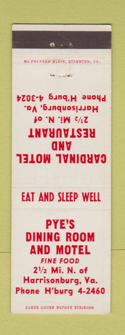 Matchbook Cover - Pye's Dining Room Motel Harrisonburg VA Cardinal Motel