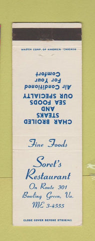 Matchbook Cover - Soret's Restaurant Bowling Green VA