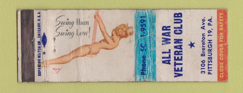 Matchbook Cover - All War Veterans Club Pittsburgh PA pinup WORN