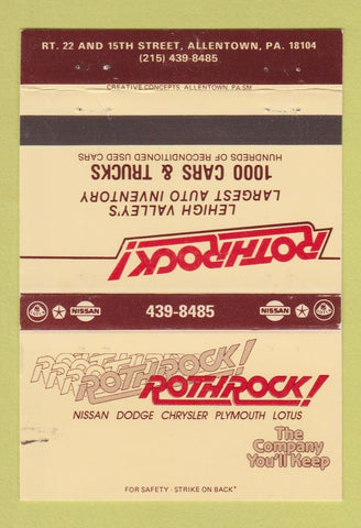 Matchbook Cover - Rothrock Nissan Dodge Lotus Plymouth Allentown PA 40 Strike
